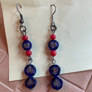 Handmade Beaded Hanging Pierced Earrings Red & Blue